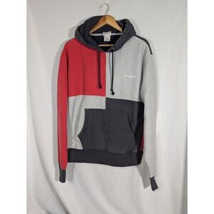 Champion Reverse Weave Colorblock Hoodie Adult Large Gray Red Blue Sweatshirt